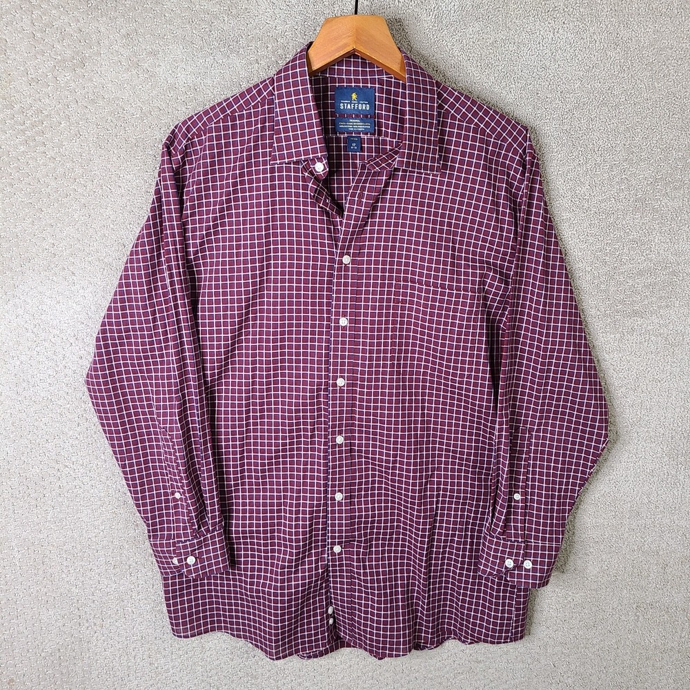 Stafford Shirt Mens 17 32-33 Red Plaid Broadcloth Button Down Fitted Long Sleeve